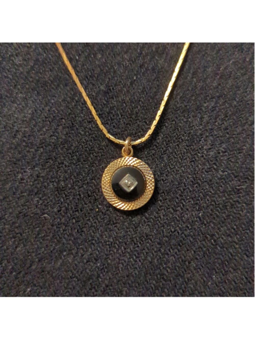 Vintage Gold Tone Black Enamel Round Dainty Delicate Pendant Statement Necklace